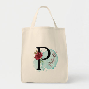 Personalised Burgundy Floral P Bridal Shower Gift Tote Bag