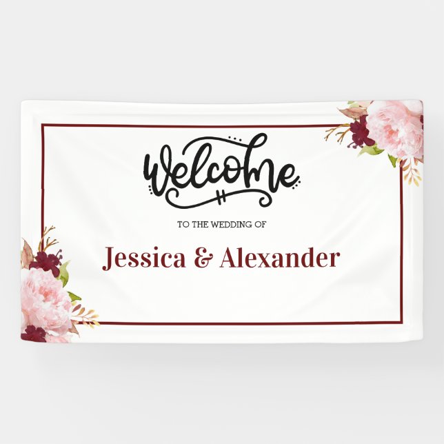 Personalised Burgundy Floral Wedding Banner (Horizontal)