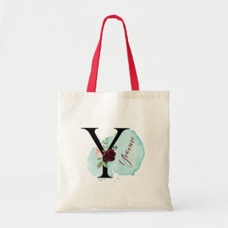 Personalised Burgundy Floral Y Bridal Shower Gift Tote Bag