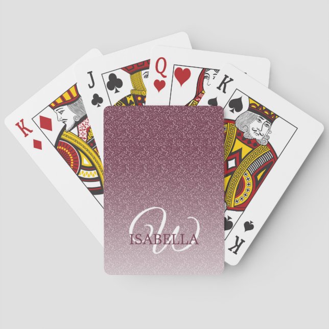 Personalised Burgundy Glitter Ombre Name Monogram Playing Cards (Back)