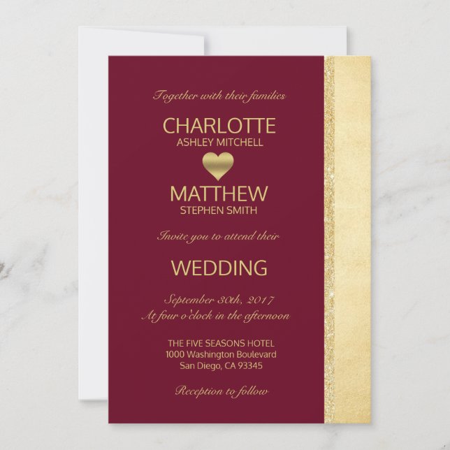 Personalised Burgundy Gold Fall Wedding Invitation (Front)