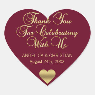 Personalised Burgundy Gold Thank You Heart Wedding Sticker