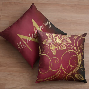 Personalised Burgundy Gradient Gold Floral Initial Cushion