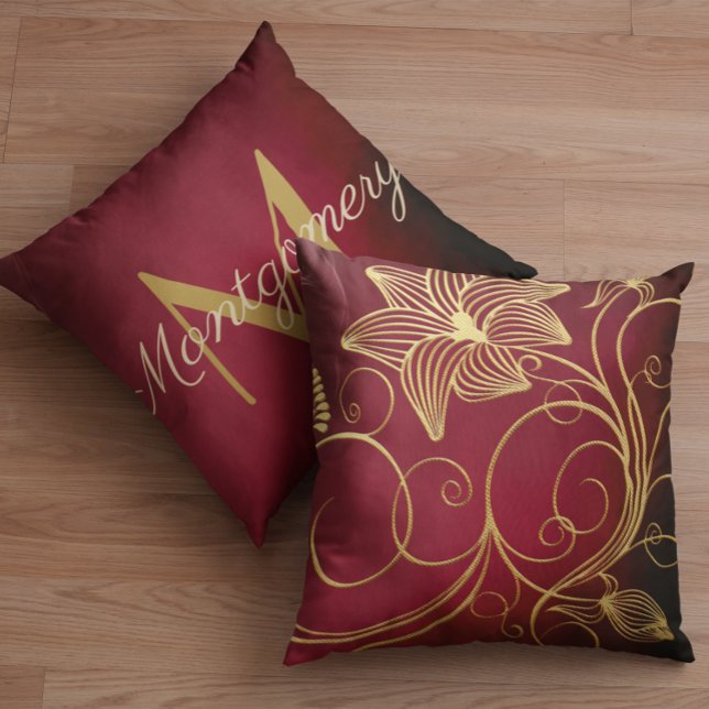 Personalised Burgundy Gradient Gold Floral Initial Cushion (Creator Uploaded)