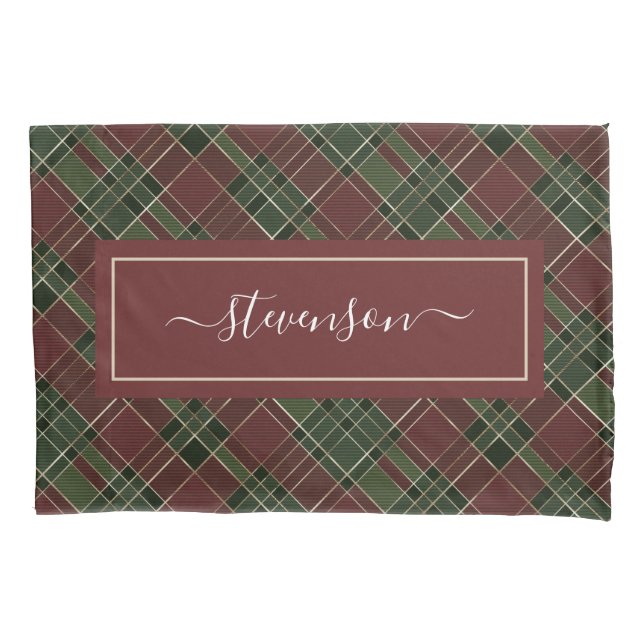 Personalised Burgundy Green Plaid Holiday Pillowcase (Front-Left)