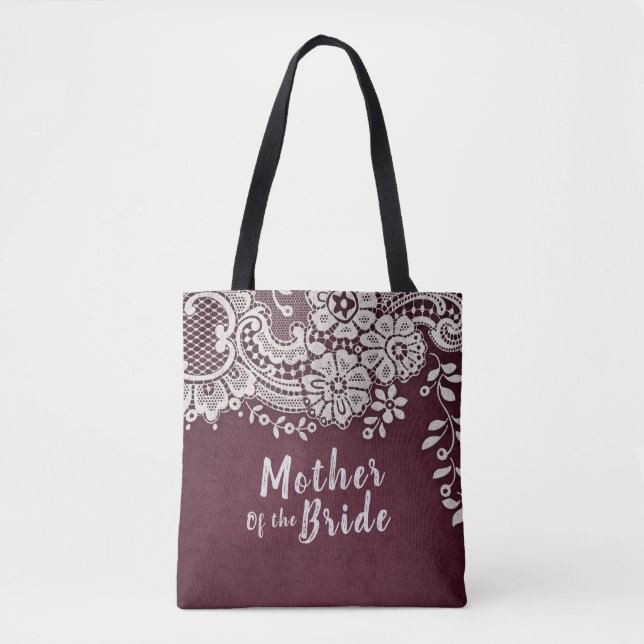 Personalised burgundy lace mother of the bride tote bag (Front)