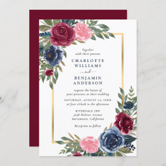 Personalised Burgundy Navy Blue Gold Floral Invitation