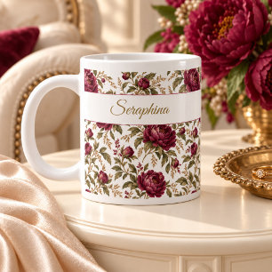 Personalised Burgundy Peony Floral Name Mug