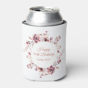 Personalised Burgundy Pink Floral 90th Birthday Can Cooler