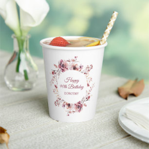 Personalised Burgundy Pink Floral 90th Birthday Paper Cups
