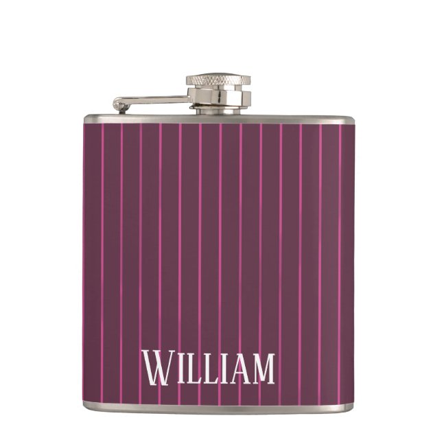 Personalised burgundy pinstripes hip flask (Front)