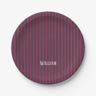 Personalised burgundy pinstripes paper plate