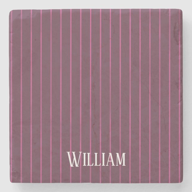 Personalised burgundy pinstripes stone coaster (Front)