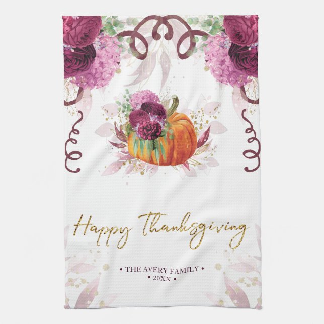 Personalised Burgundy Thanksgiving Tea Towel (Vertical)