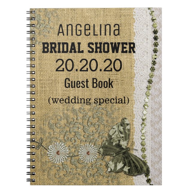 Personalised Burlap and Lace Image Bridal Shower Spiral Notebook (Front)