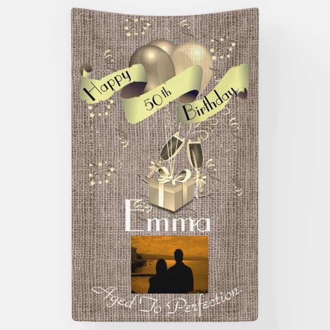 Personalised Burlap Effect Happy 50th Birthday Banner (Vertical)
