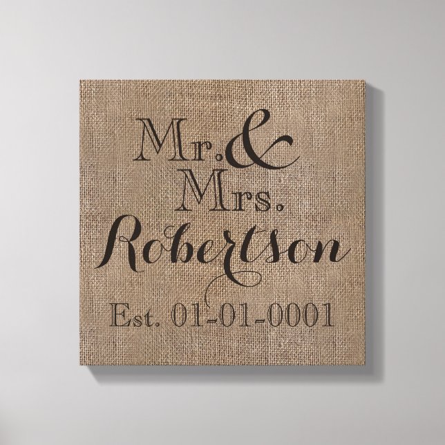 Personalised Burlap-Look Rustic Wedding Keepsake Canvas Print (Front)
