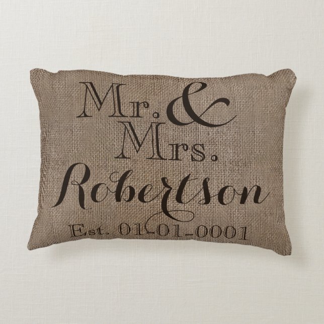 Personalised Burlap-Look Rustic Wedding Keepsake Decorative Cushion (Back)