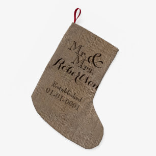 Personalised Burlap-Look Rustic Wedding Keepsake Small Christmas Stocking