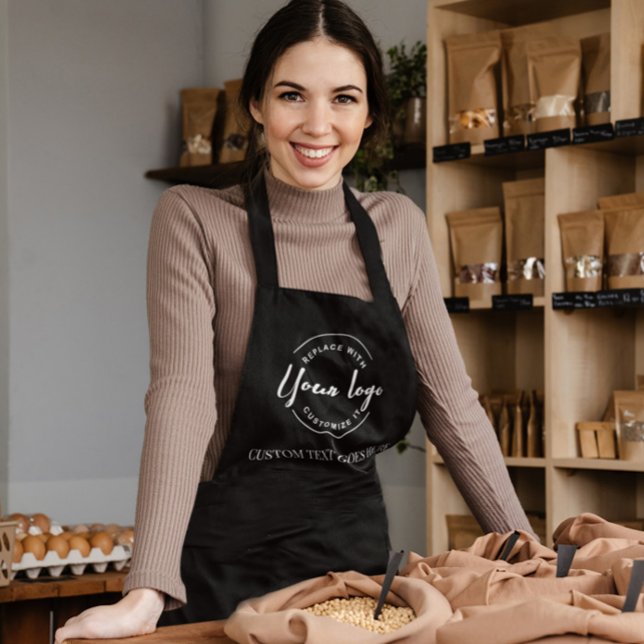 Personalised business logo cafe staff apron (Custom logo and text on black apron. Easy to use template.)