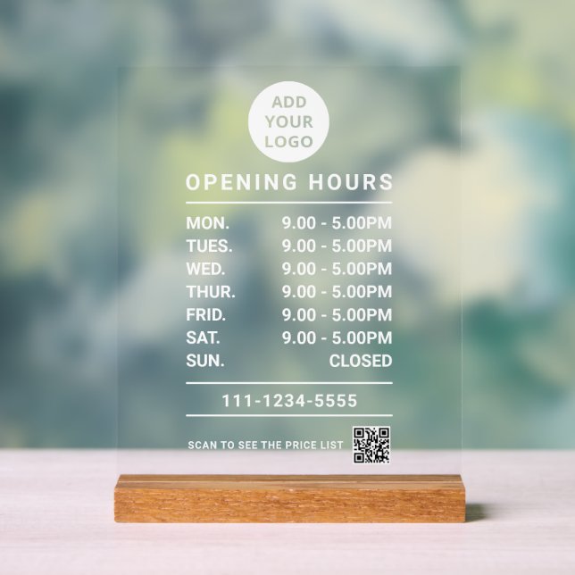 Personalised Business Opening Hours logo qr code Acrylic Sign (Neutral)