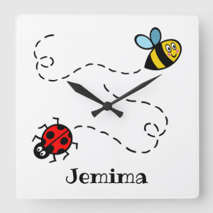 Personalised Busy Bumblebee Ladybird Pattern Square Wall Clock