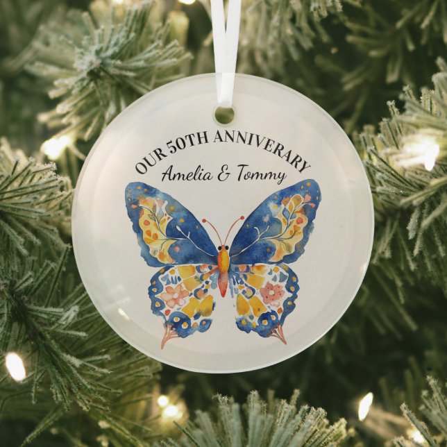 Personalised Butterfly Anniversary Glass Tree Decoration (Insitu)