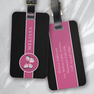 Personalised Butterfly Black Pink White  Luggage Tag