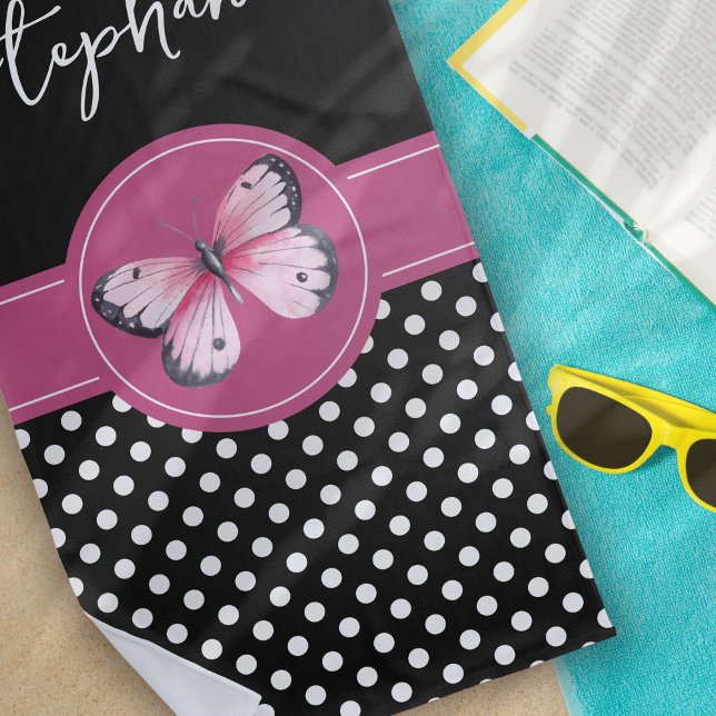 Personalised Butterfly Black Pink White Polka Dots Beach Towel (Creator Uploaded)
