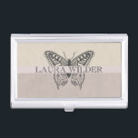 Personalised Butterfly Illustration Name Monogram Business Card Holder<br><div class="desc">An elegant hand drawn illustration butterfly logo personal calling card or business card holder with a classic open face engraved typeface and muted two colour dusty pink and grey,  background with soft tones. A unique artistic style for your personal logo desk accessories.</div>