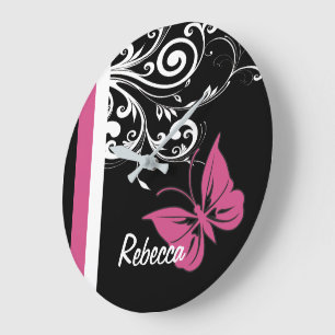 Personalised Butterfly Swirls Cranberry Pink Large Clock