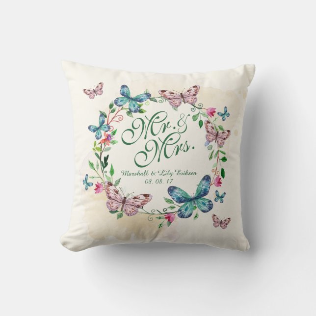 Personalised Butterfly Wreath Wedding Throw Pillow (Front)