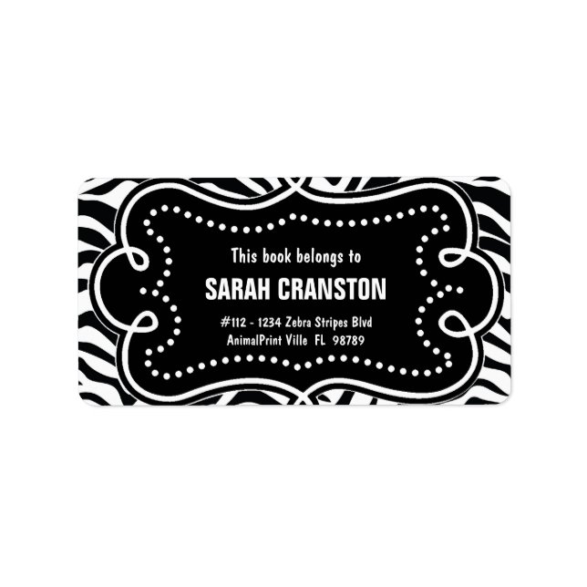 Personalised BW Zebra Stripes Pattern Bookplate Label (Front)