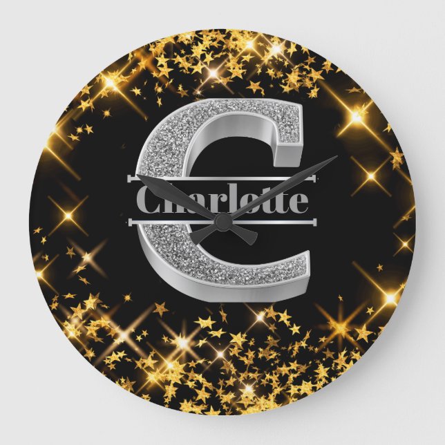 Personalised C Initial Silver Monogram Your Name Large Clock (Front)