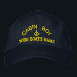 Personalised cabin boy  yacht crew embroidered hat<br><div class="desc">Nautical themed sailing crew first mate cap with an anchor motif with your sail or motor boats name, or change the cabin boy text for another crew member. Easily personalise with your own crew text and boats name. Click customise to adjust the text size, colour or style of embroidery font...</div>
