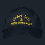 Personalised cabin boy  yacht crew embroidered hat<br><div class="desc">Nautical themed sailing crew first mate cap with an anchor motif with your sail or motor boats name, or change the cabin boy text for another crew member. Easily personalise with your own crew text and boats name. Click customise to adjust the text size, colour or style of embroidery font...</div>
