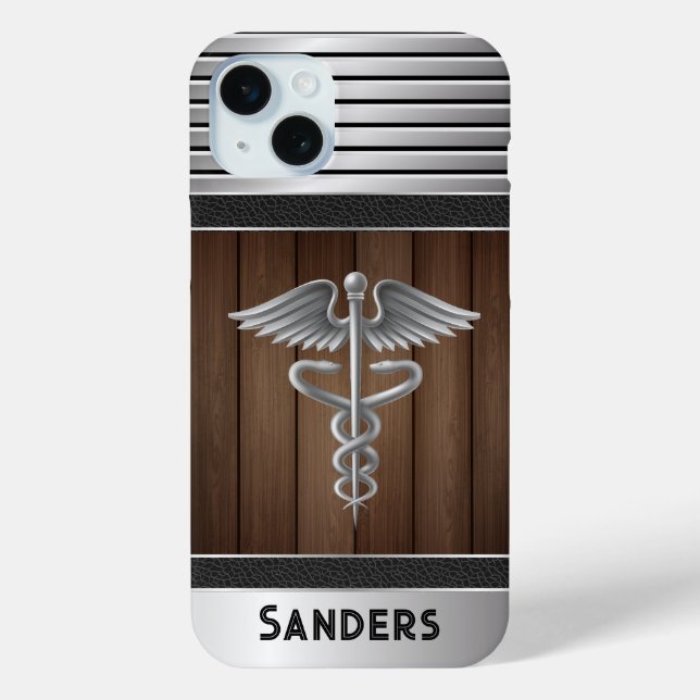 Personalised Caduceus Doctor Metal & Wood Case-Mate iPhone Case (Back)