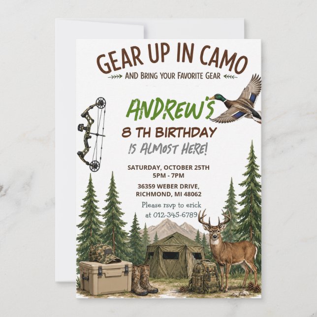 Personalised Camo Boy Hunting Birthday Invitation (Front)