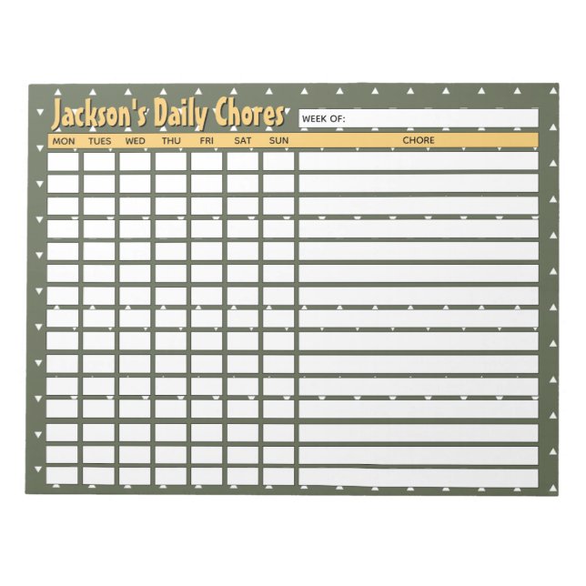 Personalised Camou Green Daily Chores Chart Notepad (Front)
