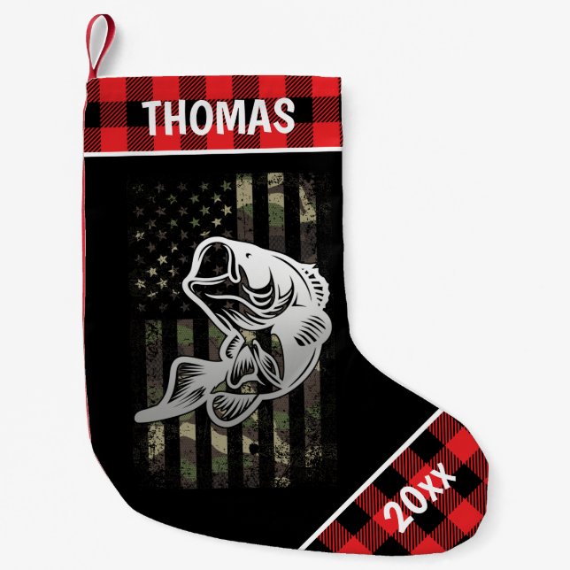 Personalised Camouflage Flag Bass Fishing Plaid Small Christmas Stocking (Front)