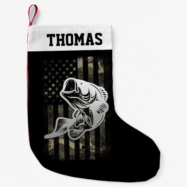 Personalised Camouflage USA Flag Bass Fishing Small Christmas Stocking (Front)