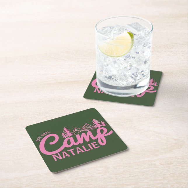 Personalised Camp Bachelorette Party Bridesmaids Square Paper Coaster (Insitu)