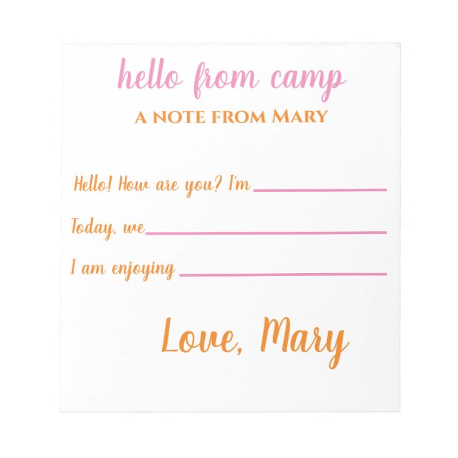 Personalised Camp Notepads for Girls (Front)