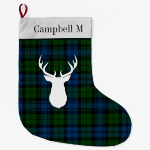 Personalised Campbell Military Tartan Green Plaid Large Christmas Stocking