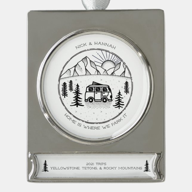 Personalised Camper Van Outdoors Trip Year Review  Silver Plated Banner Ornament (Front)