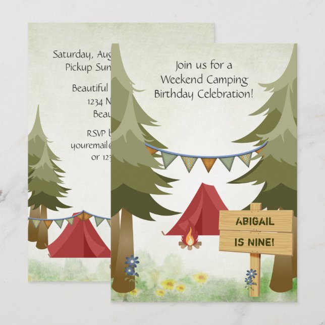 Personalised Camping Red Tents Woodland Birthday Invitation (Front/Back)