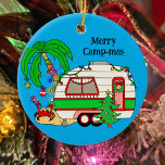 Personalised Camping Themed Christmas Ceramic Tree Decoration<br><div class="desc">Cute vintage red and green retro RV camper camping themed Christmas ornament. Hand drawn cute personalised holiday ornament. Camping on the beach at Christmas time.</div>
