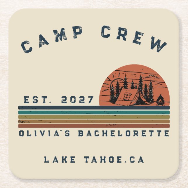 Personalised Camping Weekend Bachelorette Party Square Paper Coaster (Front)