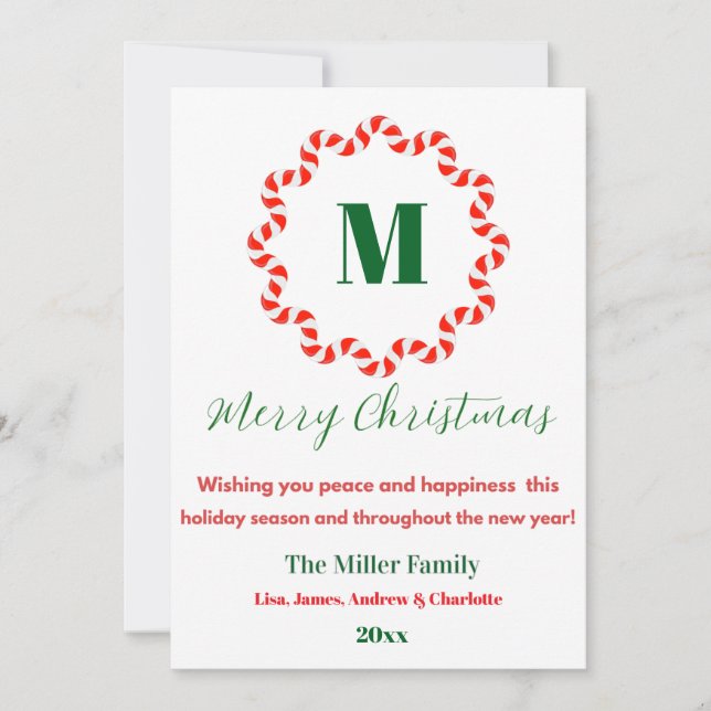 Personalised Candy Cane Monogram Christmas Holiday Card (Front)