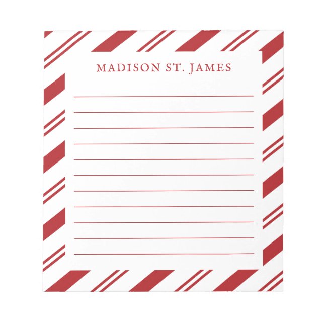 Personalised Candy Cane Stripe Pattern Lined Notepad (Front)